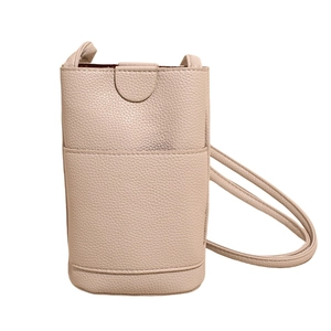 Vertical beige lychee leather mini crossbody phone bag with adjustable shoulder strap