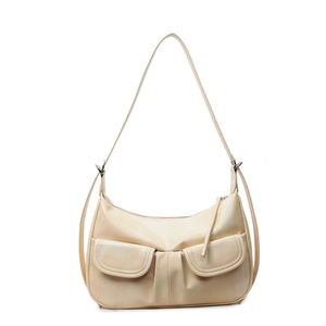 Beige minimalist hobo shoulder bag with functional front flap pockets and silver hardware