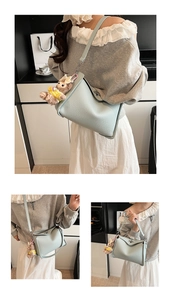 Three-angle view of a light blue lychee pattern crossbody bag with a cute bear charm