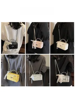 Detailed grid view of quilted mini chain bags with lace bow charm in six varied colors