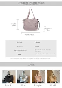 Detailed size specifications for large nylon tote bag with four color options