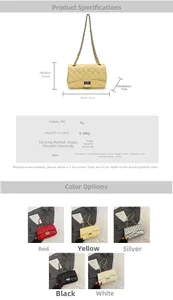 Detailed dimension guide and color options for the quilted chain crossbody bag