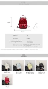 Detailed size chart and multi-color options for quilted chain backpack in glossy PU