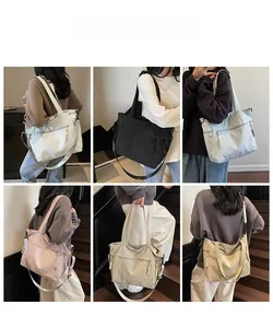 Multi-color large capacity nylon tote bags with adjustable straps shown in six colors