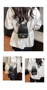 Detailed views of a black quilted mini backpack featuring chain straps and twist-lock