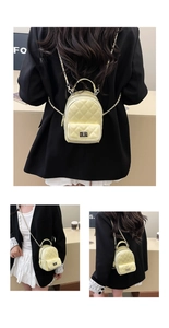 Detail shots of yellow quilted mini backpack showing stitching and metal twist lock