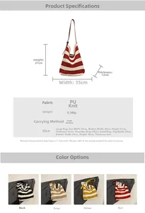 Size guide for woven tote bag showing PU knitted fabric details and shoulder bag dimensions