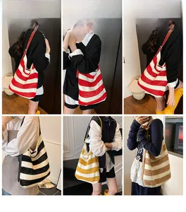 Collage of striped knit tote bags showing various color options and styling on models