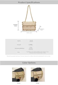 Detailed size specifications for woven straw crossbody bag with tassels and chain strap