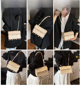 Collage of cream straw crossbody bag showing tassel trim and woven shoulder strap details
