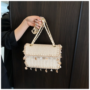 Detail of straw woven crossbody bag featuring shell charms and gold-tone chain strap