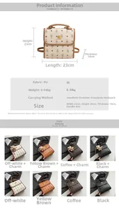 Tableau des tailles et vue des quatre modes de portage pour ce petit sac à dos imprimé
