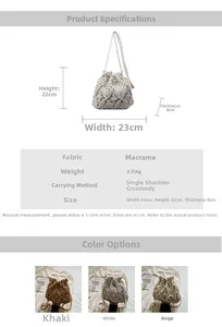 Tableau des tailles détaillé et options de couleurs pour le sac seau en paille tressée