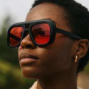 Chic oversized black thick frame sunglasses with red translucent lenses on a model