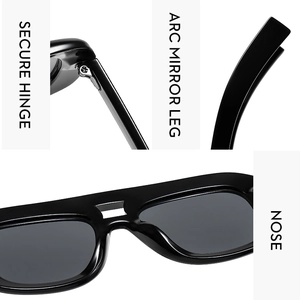 Detail view showing secure hinges, ergonomic arc legs and comfortable nose pads of sunglasses