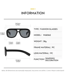Size chart showing dimensions and technical specs for oversized double bridge sunglasses