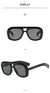 Front and 45-degree side views of black oversized sunglasses with double bridge frame