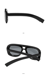 Detail view showing the side and back of black thick-frame square sunglasses