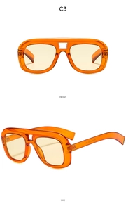 Front and side detail of orange double-bridge oversized sunglasses with yellow lenses