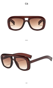 Front and side view of pilot style sunglasses with dark red tortoise frames and brown lenses