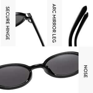 Detail view of oval sunglasses showing secure hinges, curved legs and comfortable nose pads