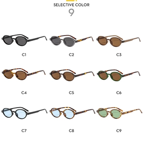 Detailed grid of oval vintage sunglasses in nine different frame and lens color options