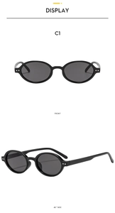 Front and 45-degree side views of black oval sunglasses with polished C1 frames