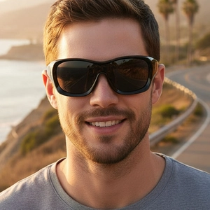 Homme portant des lunettes de soleil noires surdimensionnées sur une route côtière
