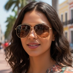 Classic gold metal aviator sunglasses with brown gradient lenses on model outdoors