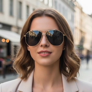 Fashion pilot sunglasses with gold octagonal metal frame and dark gray lenses for men and women