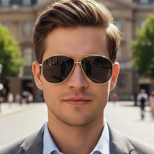 Classic aviator sunglasses with gold metal frame and dark lenses for men and women