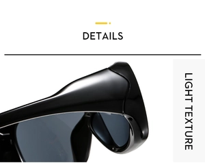 Détail de la monture de lunettes de soleil noires brillantes avec texture légère et verres