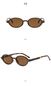 Detail view of oval tortoise sunglasses with translucent brown frames and side temple texture