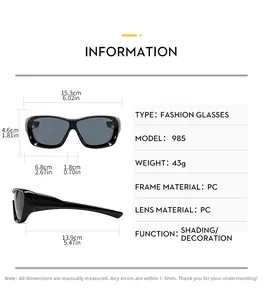 Spécifications détaillées de taille pour lunettes de soleil en PC avec dimensions en cm