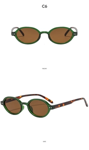 Detail view of oval sunglasses featuring a transparent green frame and tortoiseshell temples