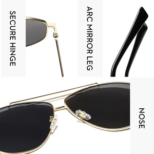 Detail of secure metal hinges, arc mirror legs, and comfortable nose pads on aviator sunglasses