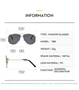 Detailed size chart for pilot sunglasses with gold metal frame and dimensions info