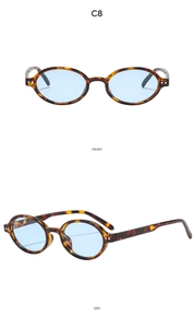 Front and side view of oval tortoiseshell sunglasses with light blue lenses and silver studs