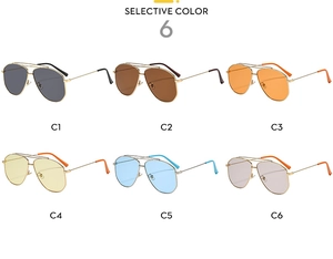 Grid display showing six colorful pilot sunglasses with double-bridge metal frames