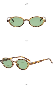 Front and side view of retro oval tortoiseshell sunglasses with green lenses