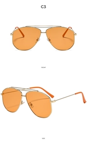 Front and side views of gold double-bridge pilot sunglasses with bright orange lenses