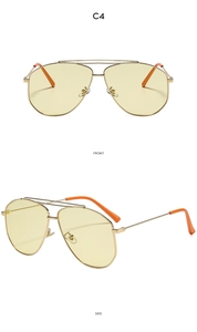Front and side views of gold aviator sunglasses with yellow lenses and orange tips