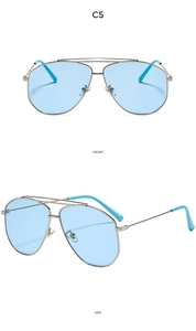 Front and side views of silver metal aviator sunglasses with light blue lenses