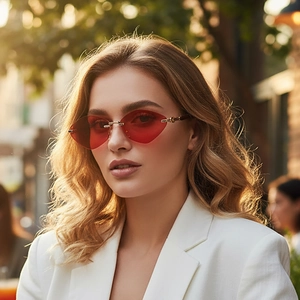 Élégantes lunettes de soleil œil de chat rouges sans monture avec branches dorées