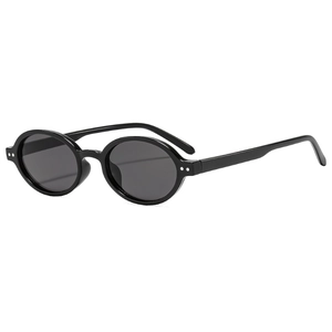 Retro oval sunglasses with black frame and silver metal rivets on white background