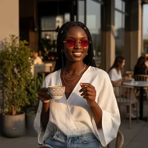Gros plan d'une femme portant des lunettes de soleil œil de chat rouges sans monture
