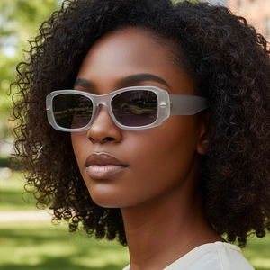 Chic matte grey rectangular sunglasses with dark lenses for a modern outdoor street style