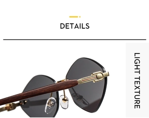 Détails macro des lunettes de soleil sans monture avec branches en bois et charnière dorée