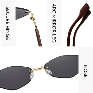 Détails de lunettes de soleil sans monture avec charnières et branches aspect bois