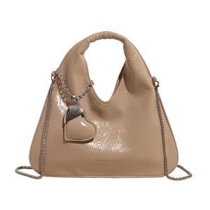 Vintage glossy oil wax leather shoulder bag in beige with chain and heart charm